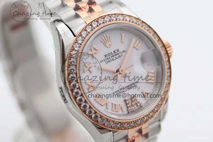 0121 Trendy Lady DateJust 28 SS RG TWF Diamonds Bezel 1:1 Best Edition White Dial Roman Markers on Jubilee Bracelet NH 2129